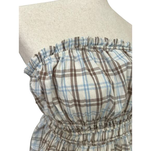 Haute Monde Boho Blue Plaid Strappless Smocked Cropped Peplum XL Cottagecore - Picture 5 of 7